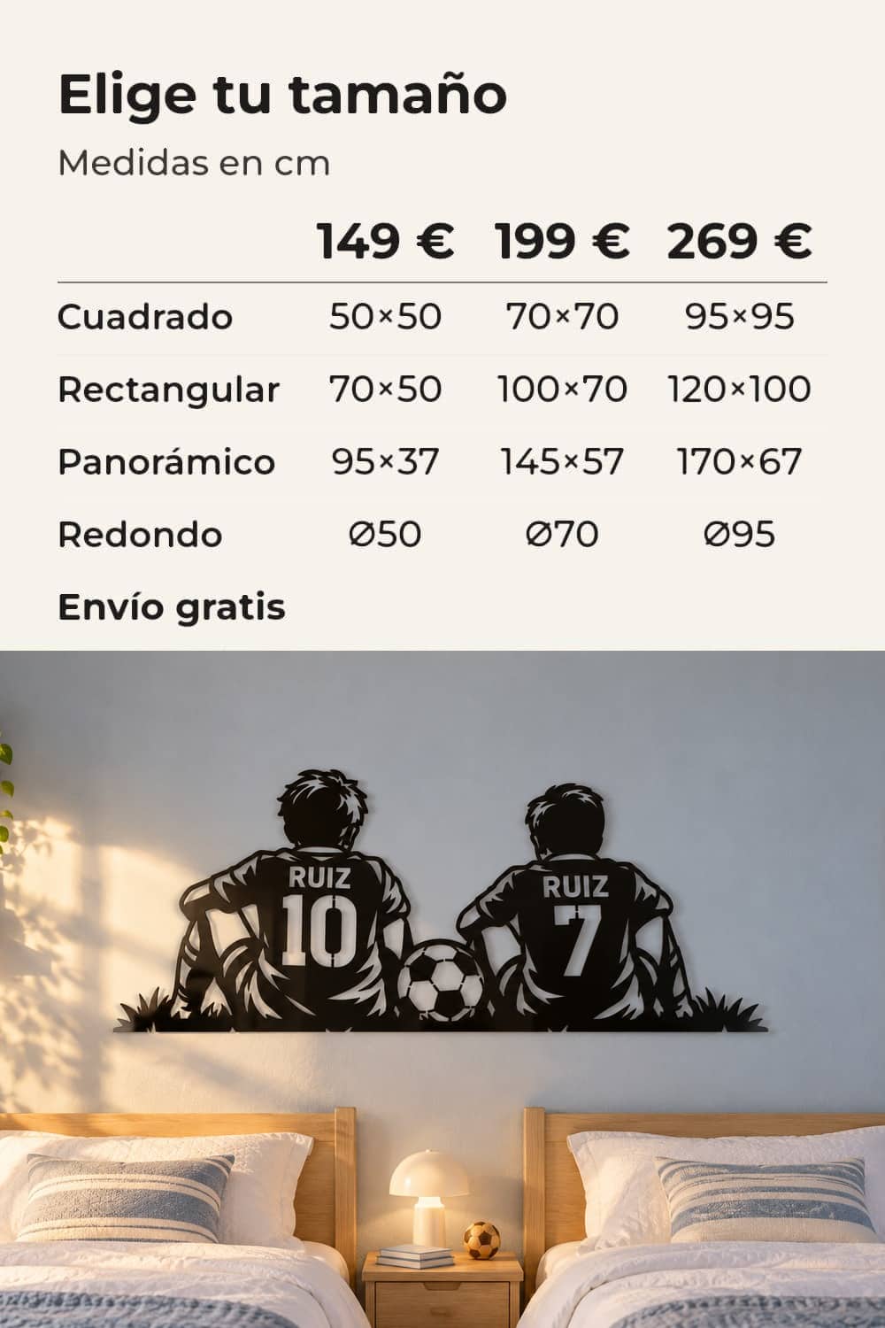 Tamaños y precios: 149 €, 199 € y 269 €; cuadro panorámico de dos hermanos con sus camisetas de fútbol