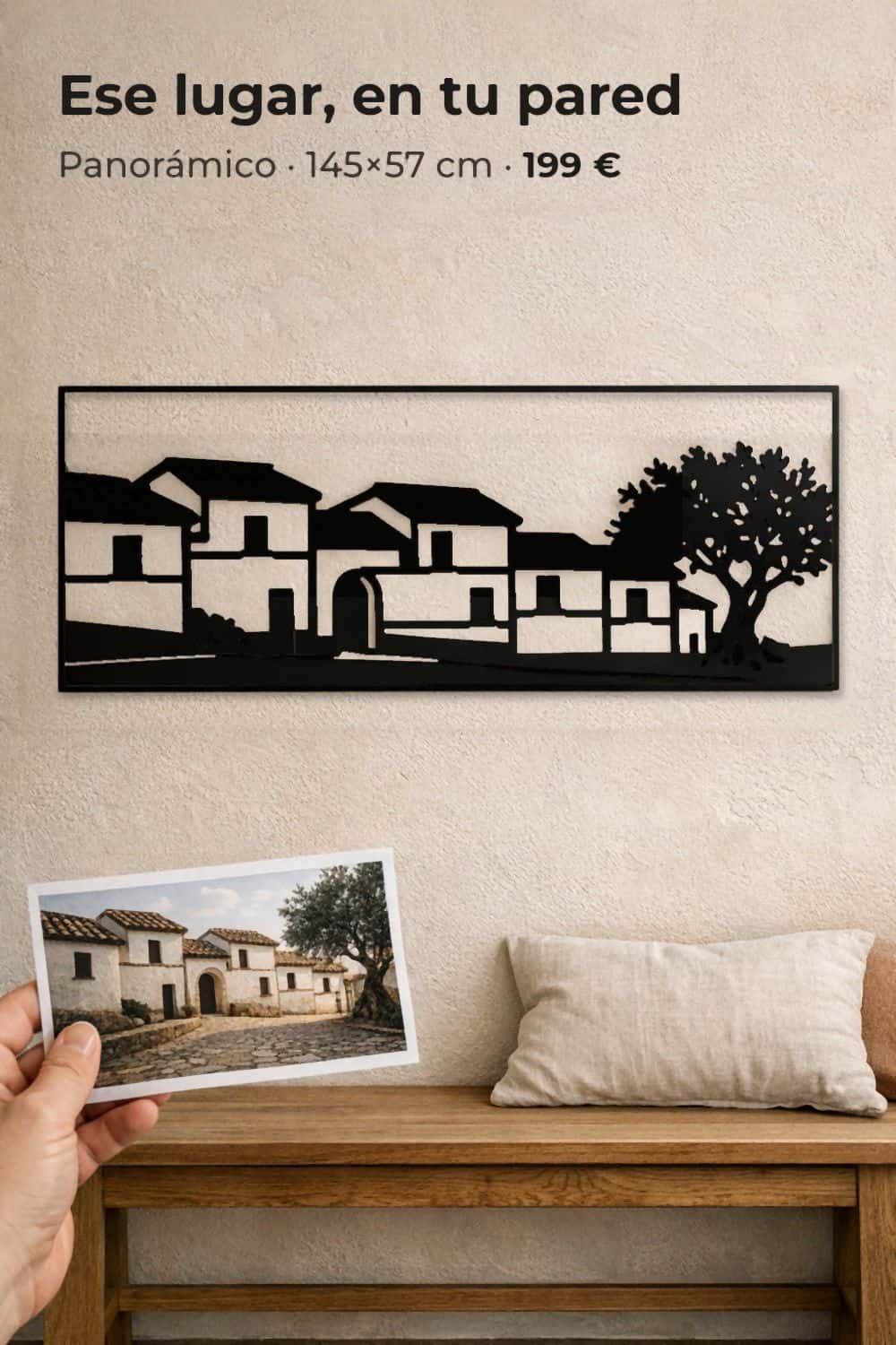Cuadro panorámico personalizado de un pueblo en aluminio negro