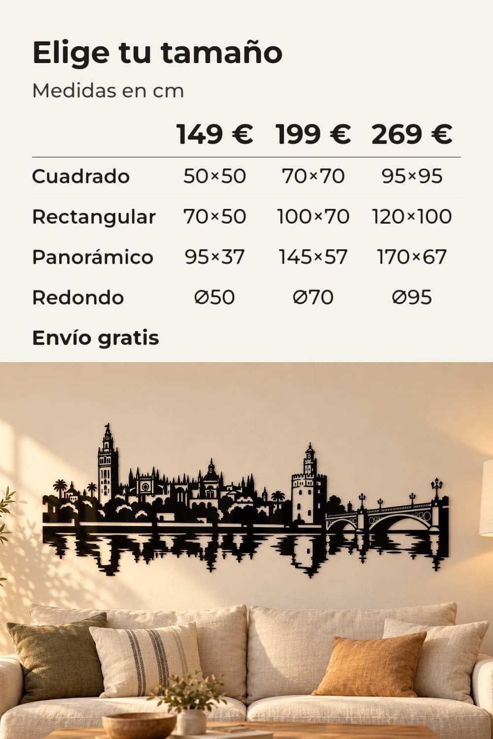Tamaños y precios: 149 €, 199 € y 269 €; perfil de Sevilla con la Giralda sobre el sofá