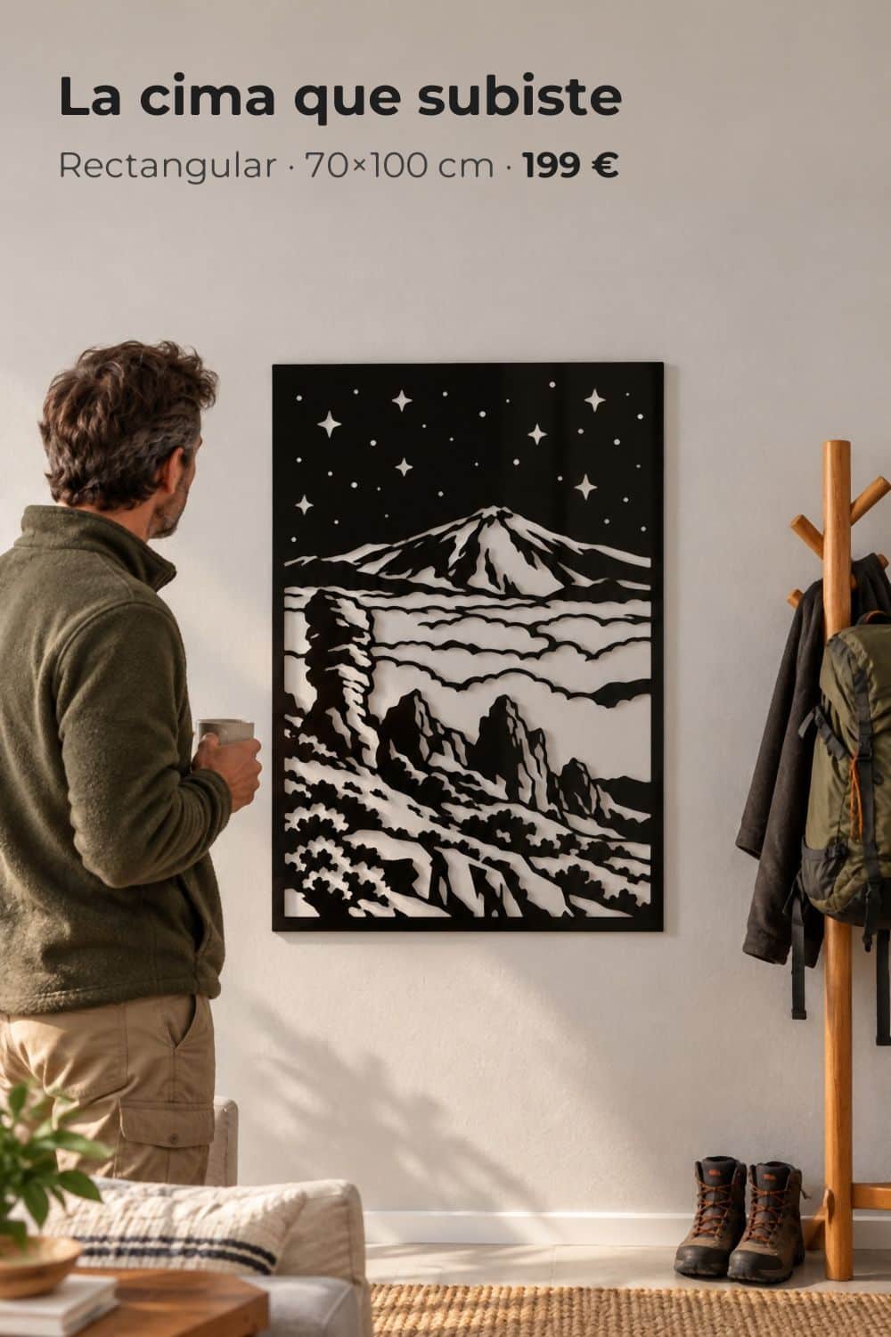 Cuadro personalizado del Teide bajo un cielo estrellado, en aluminio negro, en un recibidor