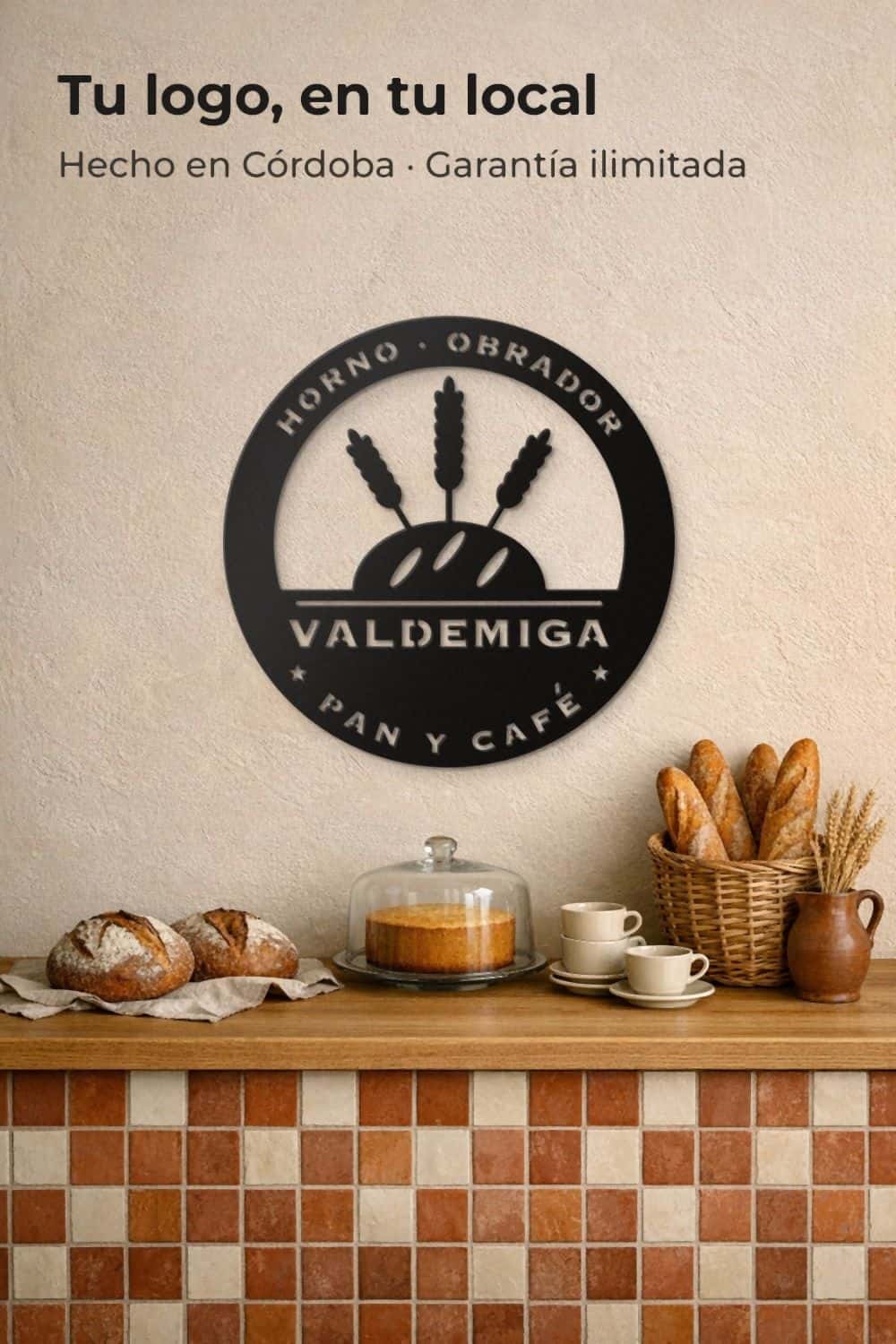 Logo de una panadería en aluminio negro calado en su local