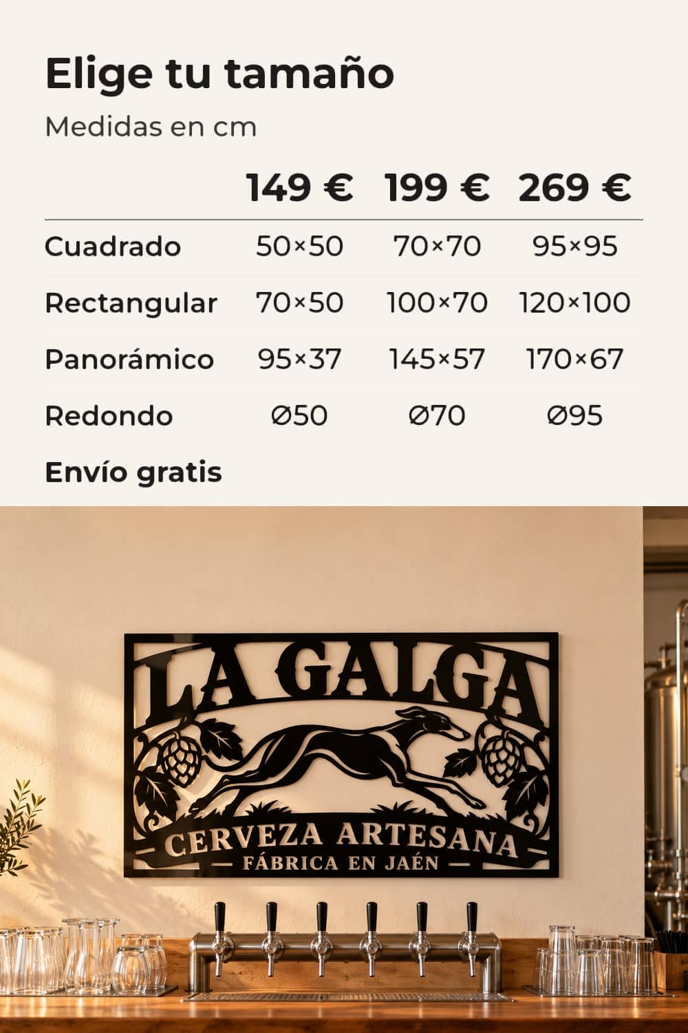 Tamaños y precios: 149 €, 199 € y 269 €; logo de una cervecera artesana en su sala de catas