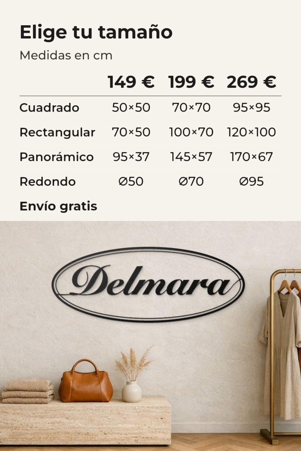 Tamaños y precios: 149 €, 199 € y 269 €; rótulo de una boutique
