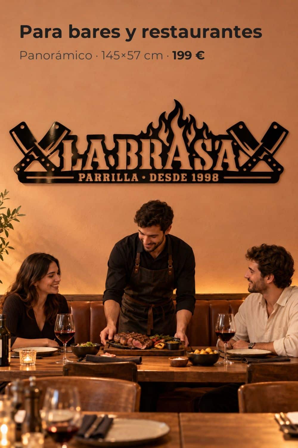 Logo panorámico de un restaurante de parrilla en aluminio negro, para bares y restaurantes