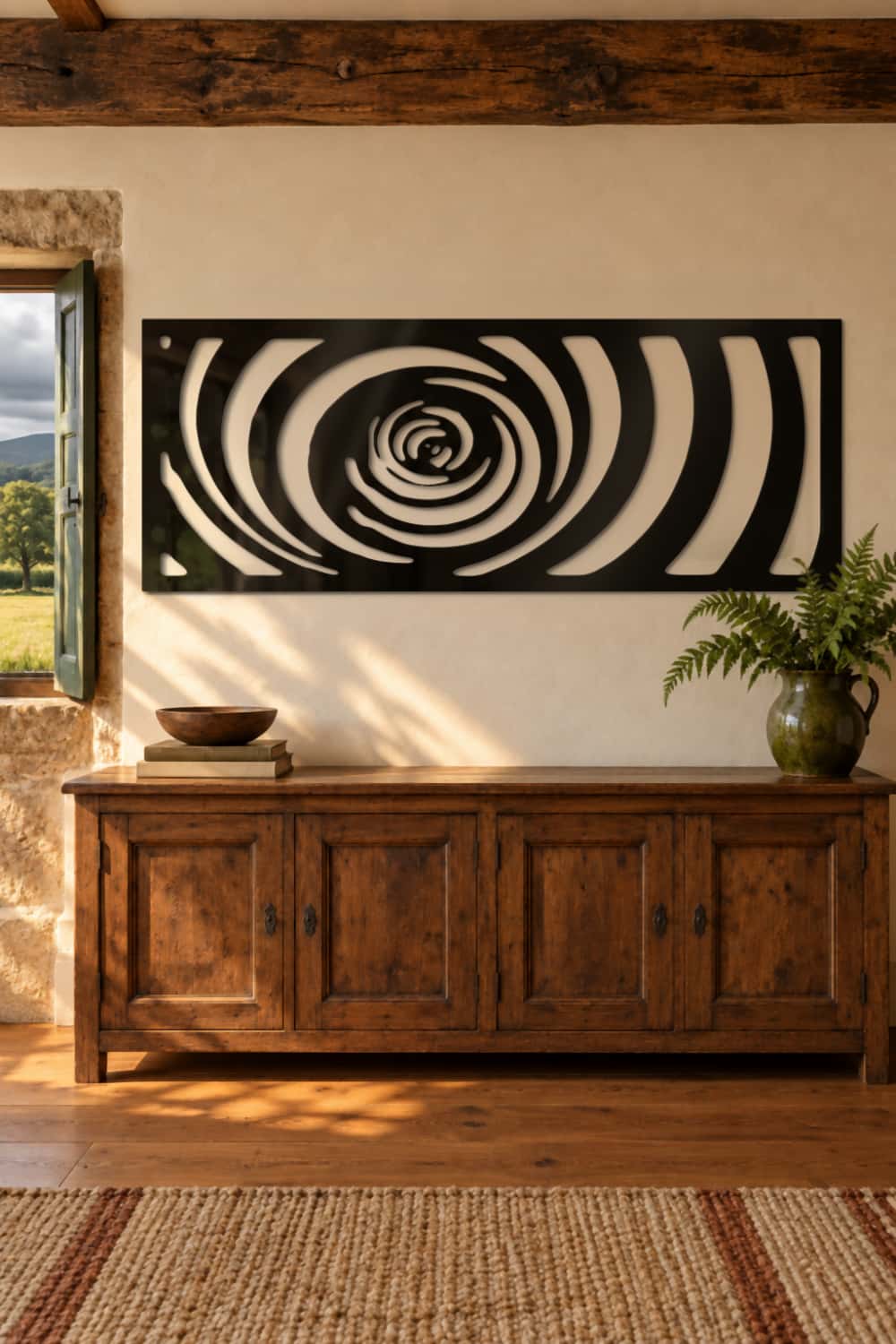 Twister Is Coming en un salón de caserío con aparador de castaño y vistas verdes
