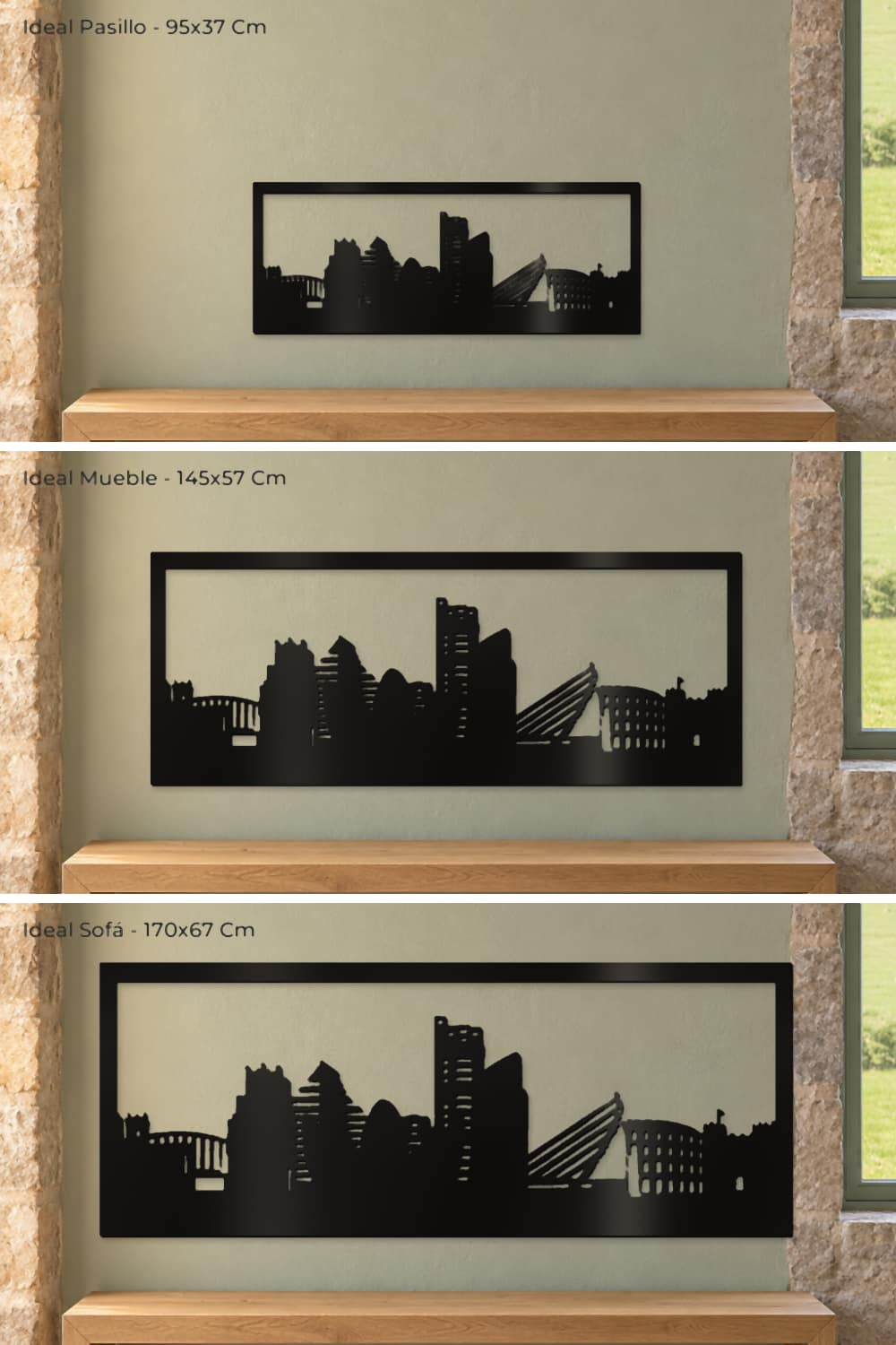 Valencia, comparación de las medidas 95x37, 145x57 y 170x67 cm sobre la misma pared.