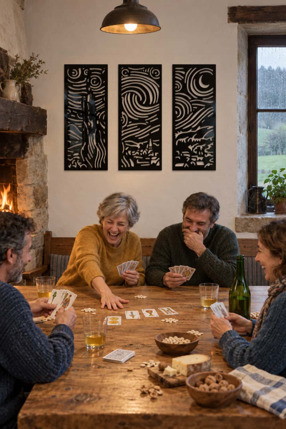 Tríptico Van G en un caserío: partida de mus entre amigos junto a la chimenea en un día de lluvia
