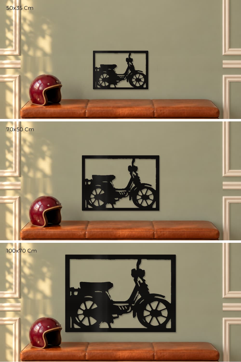 Vespino: comparativa de medidas 50x35, 70x50 y 100x70 Cm en la misma pared.