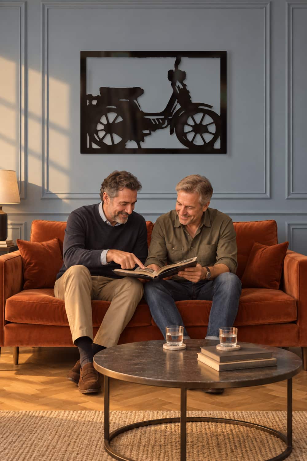 Vespino en salón azul con dos amigos recordando viajes en un álbum.