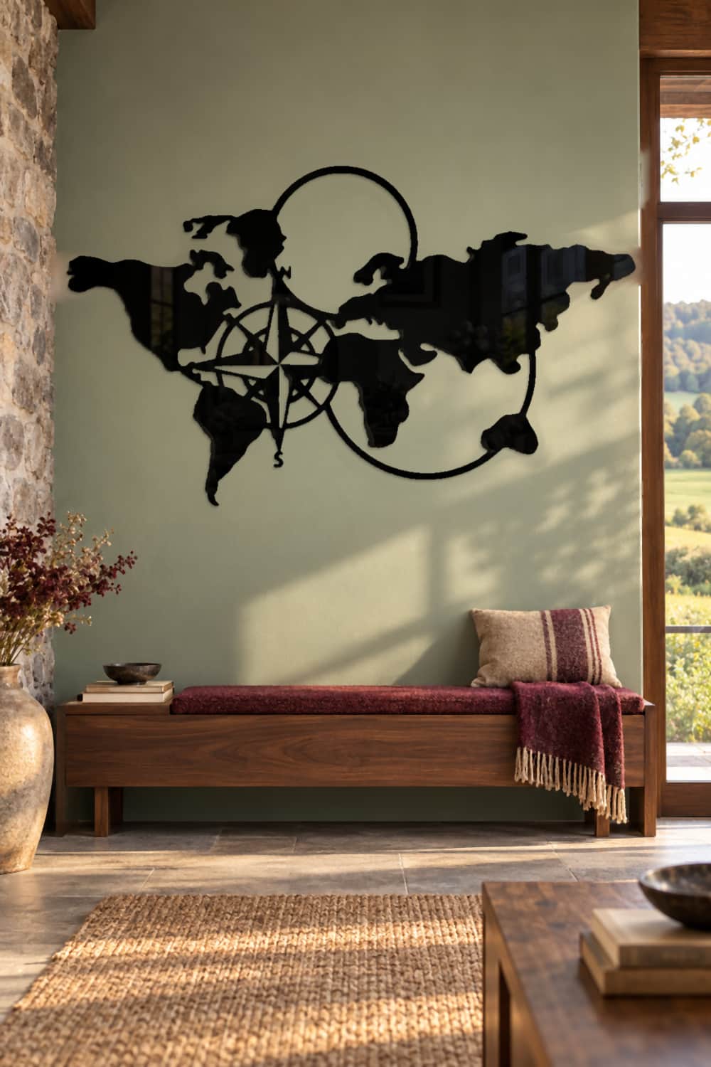 World map de metal negro en un caserío vasco con vistas verdes.