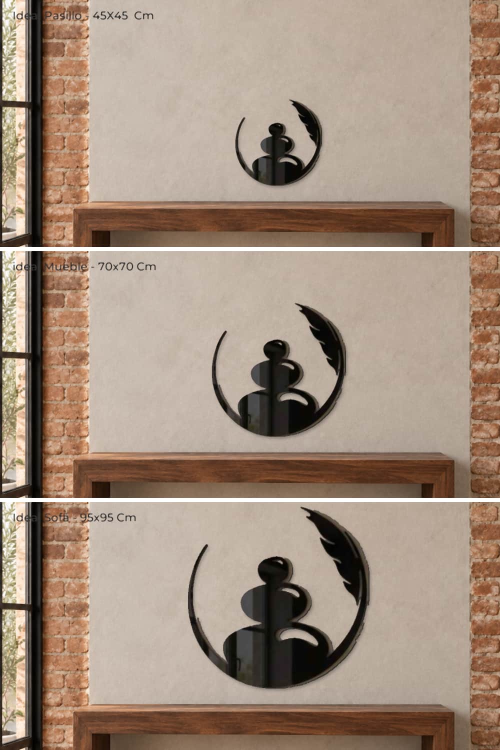 Zen Art: comparativa de las medidas 45x45, 70x70 y 95x95 cm sobre el mismo banco.